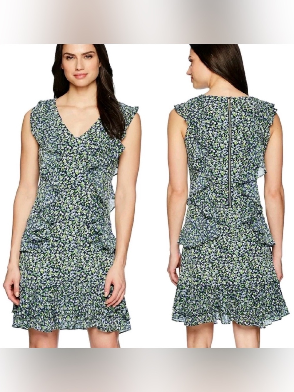 MICHAEL KORS Floral Print Ruffle Dress Navy Green Size Small